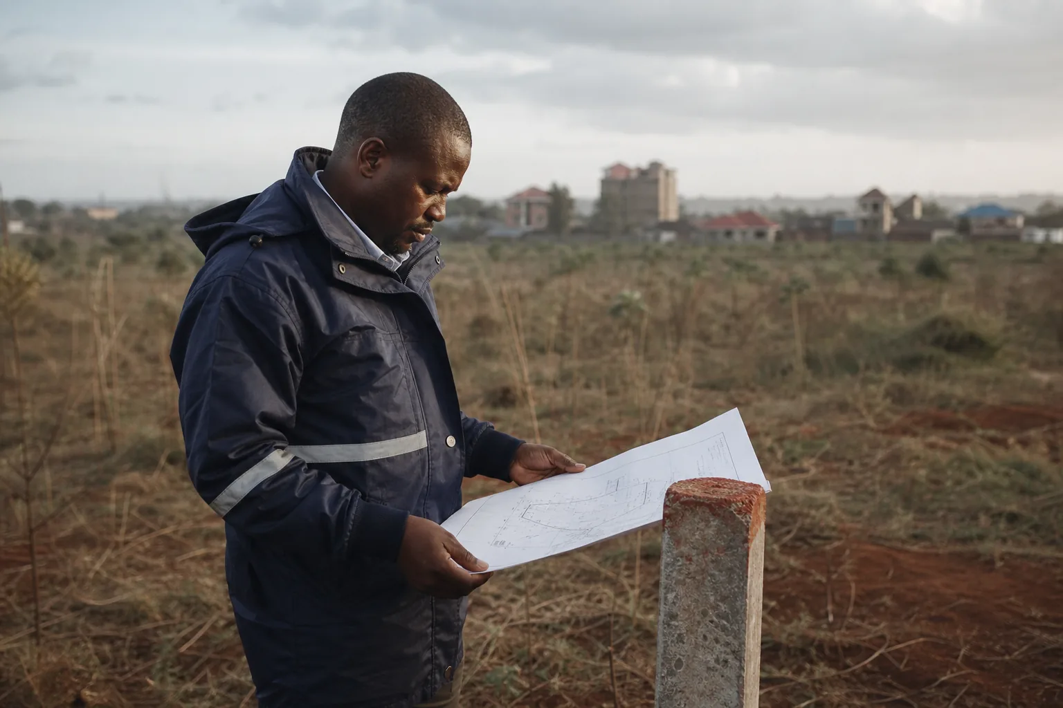 Surveyor reviewing boundary information on Kenyan land