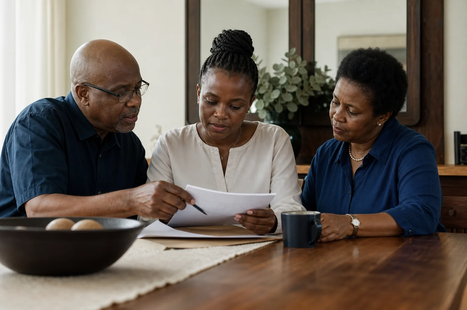 Kenyan family reviewing estate documents together at home